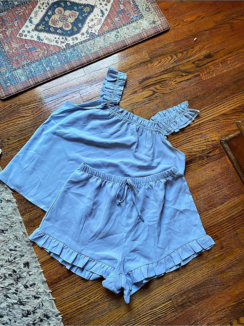 Blue Ruffle Tank & Shorts Pajamas Set